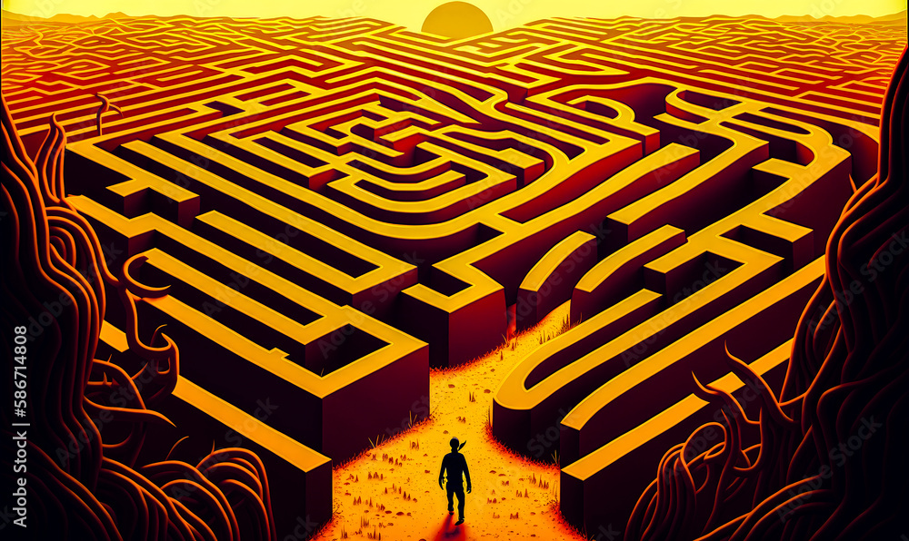 Poster man standing in front of maze. generative ai.