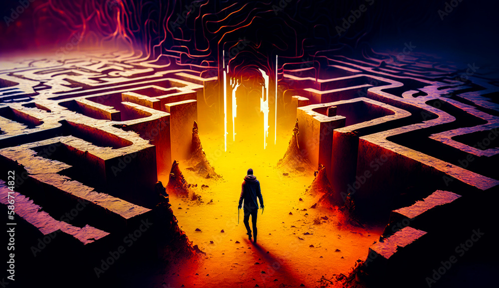 Aufkleber man standing in front of maze. generative ai.