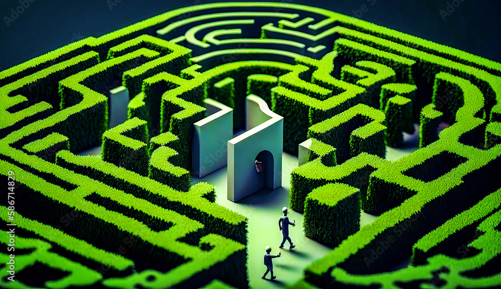 Poster maze with man standing in the middle of it. generative ai.