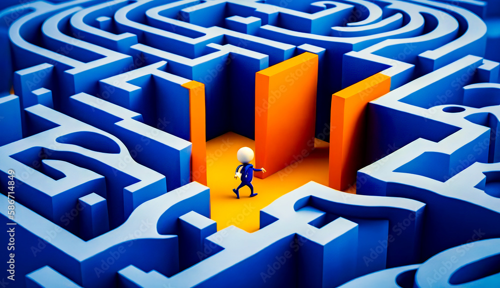 Poster man walking through maze with ball in his hand. generative ai.
