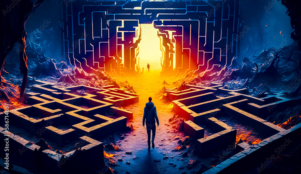 Poster man standing in front of maze. generative ai.