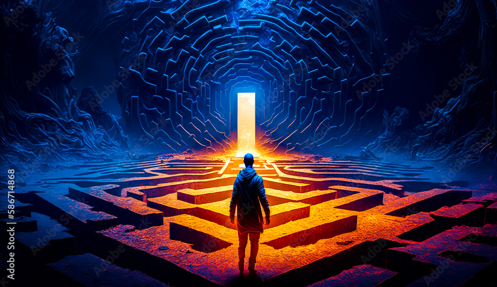 Aufkleber man standing in front of giant maze. generative ai.