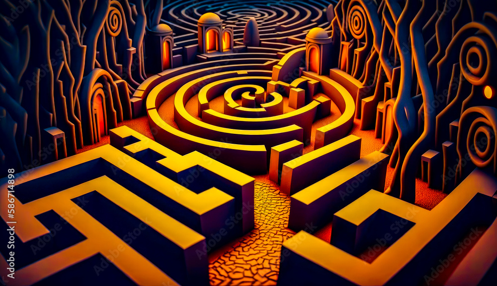 Poster maze in the middle of forest filled with trees. generative ai.