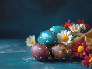 Easter eggs and springtime flowers over blue background. Spring holidays concept with copy space.