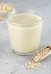 A glass of oat milk and oatmeal on a gray background. Copy space. The concept of alternative lactose-free dairy products