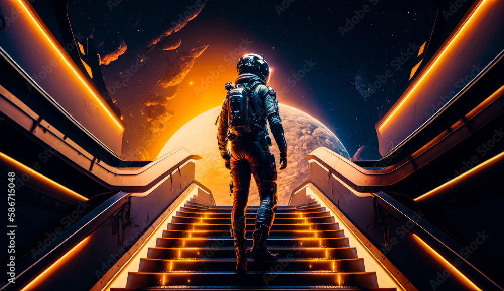 Poster man in space suit walking down flight of stairs. generative ai.