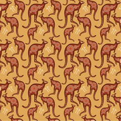 Seamless kangaroo pattern background with aboriginal design
