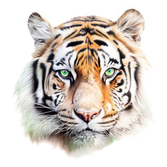 an isolated Bengal tiger face portrait, face, stalking prey, fierce jungle-themed watercolor painting illustration on a transparent background in PNG. Generative AI