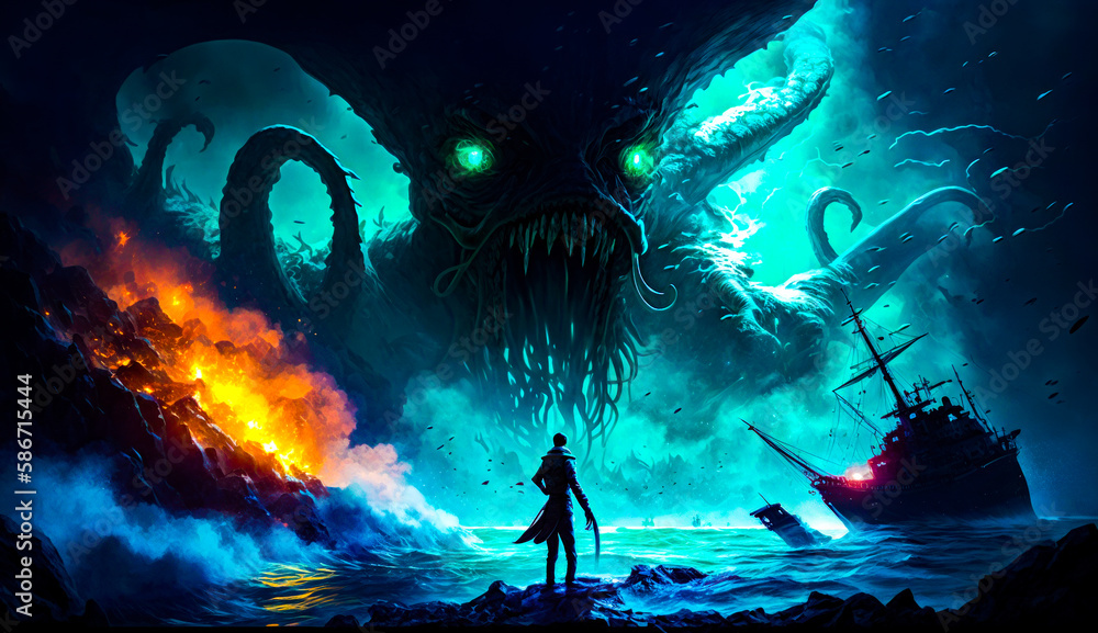 Poster man standing in front of giant octopus. generative ai.