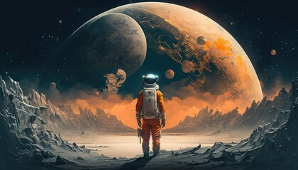 Fototapeta premium Human being on Mars in background planets image Generative AI
