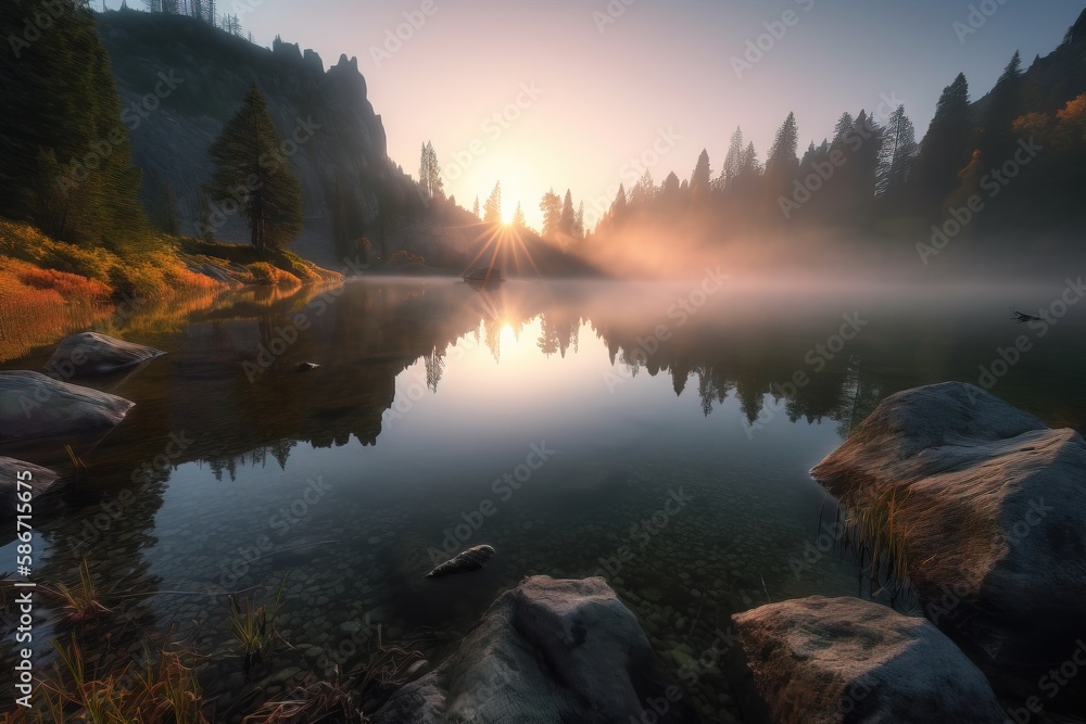 Poster a lake surrounded by rocks and trees with the sun setting in the distance over the water and fog in 