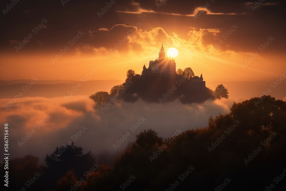 Aufkleber a castle in the middle of a foggy forest with the sun shining through the clouds behind it and the s