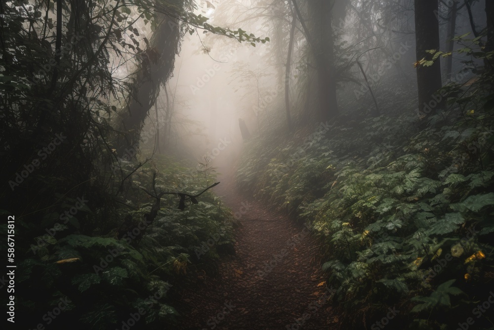 Poster a trail in the middle of a forest with lots of trees and bushes on both sides of the trail and fog i