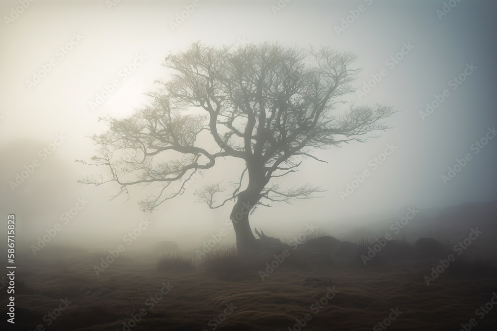 Poster a foggy tree in the middle of a field with cows grazing in the distance on a foggy day in the countr