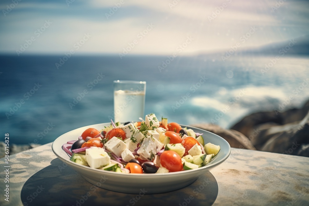 Sticker a bowl of salad with a glass of water on a table next to the ocean and a cliff in the background wit