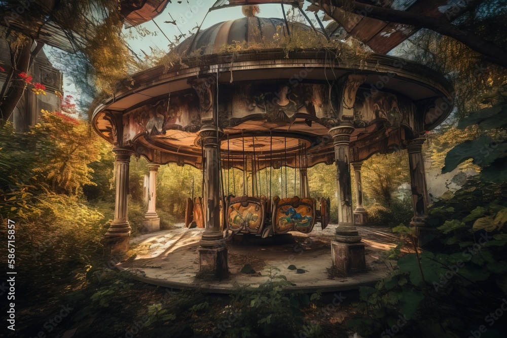 Poster a carousel in the middle of a forest with lots of trees and bushes around it and a bench in the midd