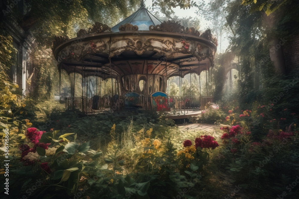 Poster a carousel surrounded by flowers and trees in a park area with a bench in the middle of the park and