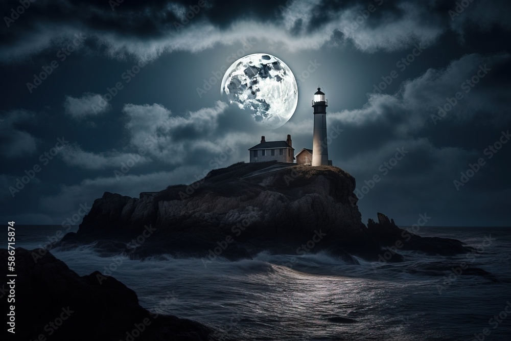 Poster a lighthouse on a rock in the ocean with a full moon in the sky above it and clouds in the sky above