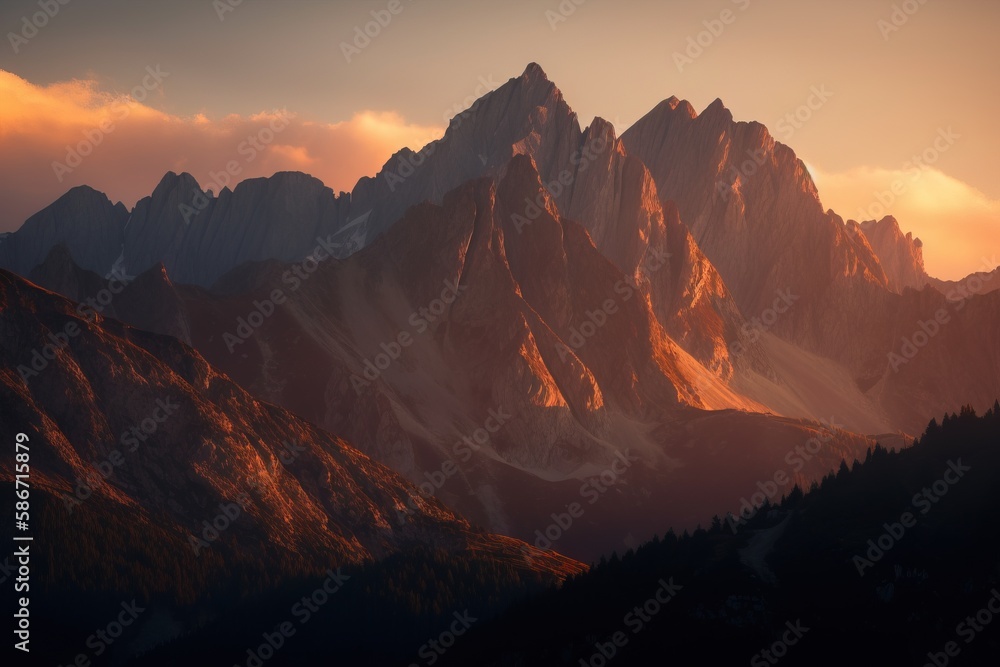 Aufkleber a mountain range with a sunset in the background and clouds in the foreground, with a few trees in t