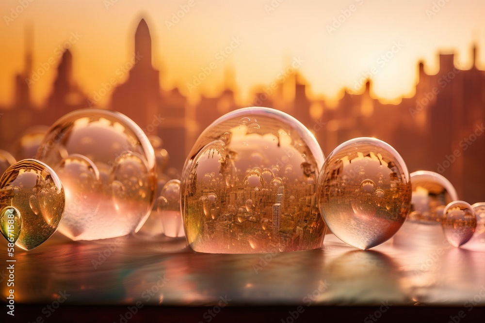 Poster a group of soap bubbles sitting on top of a table next to a cityscape in the background with buildin