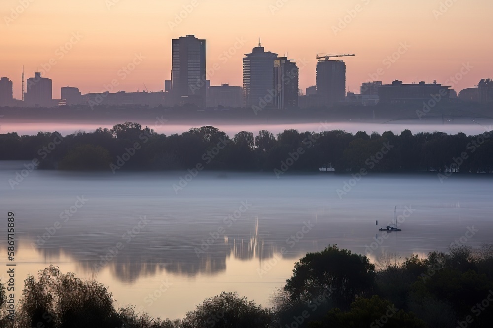 Poster a view of a city with a lake in the foreground and fog in the foreground, with a boat in the foregro