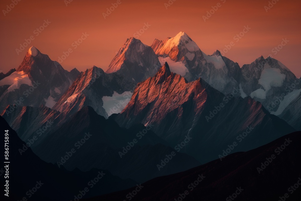 Poster a view of a mountain range at sunset with a red sky in the background and a few clouds in the foregr