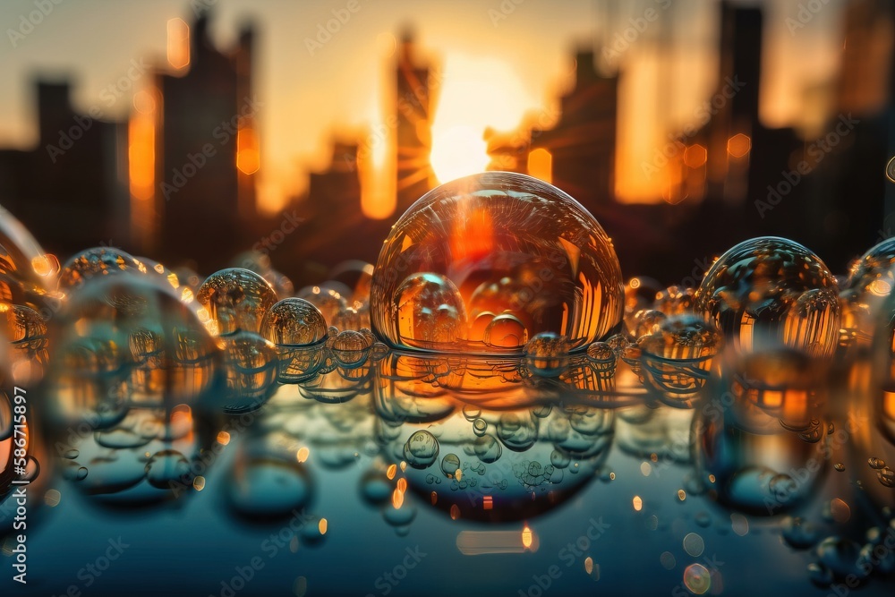 Poster a group of bubbles that are sitting on a surface with a city in the background and a sunset in the d