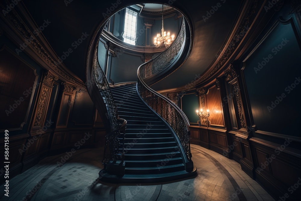 Poster a staircase with a chandelier in a dark room with a chandelier hanging from the ceiling and a chande