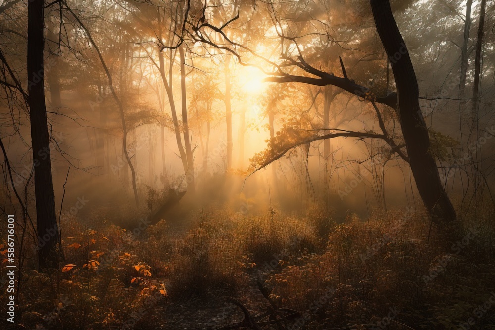 Poster the sun is shining through the trees in the forest with tall grass and flowers in the foreground and