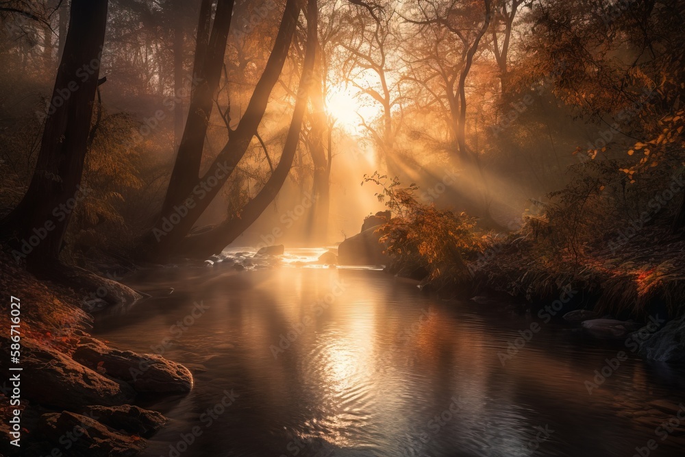 Poster a stream running through a forest filled with lots of trees and water with sun beams coming through 