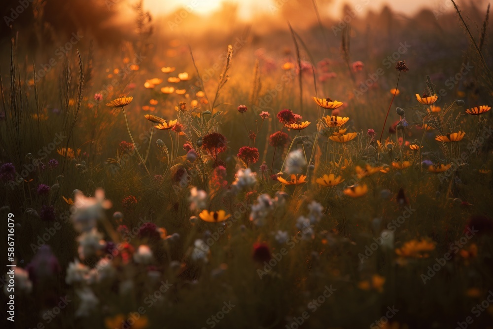 Poster a field of wildflowers with the sun setting in the distance behind them and the grass in the foregro