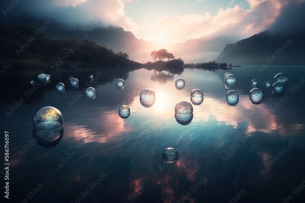 Poster a bunch of bubbles floating in the water on a lake with a tree in the background and a sunset in the