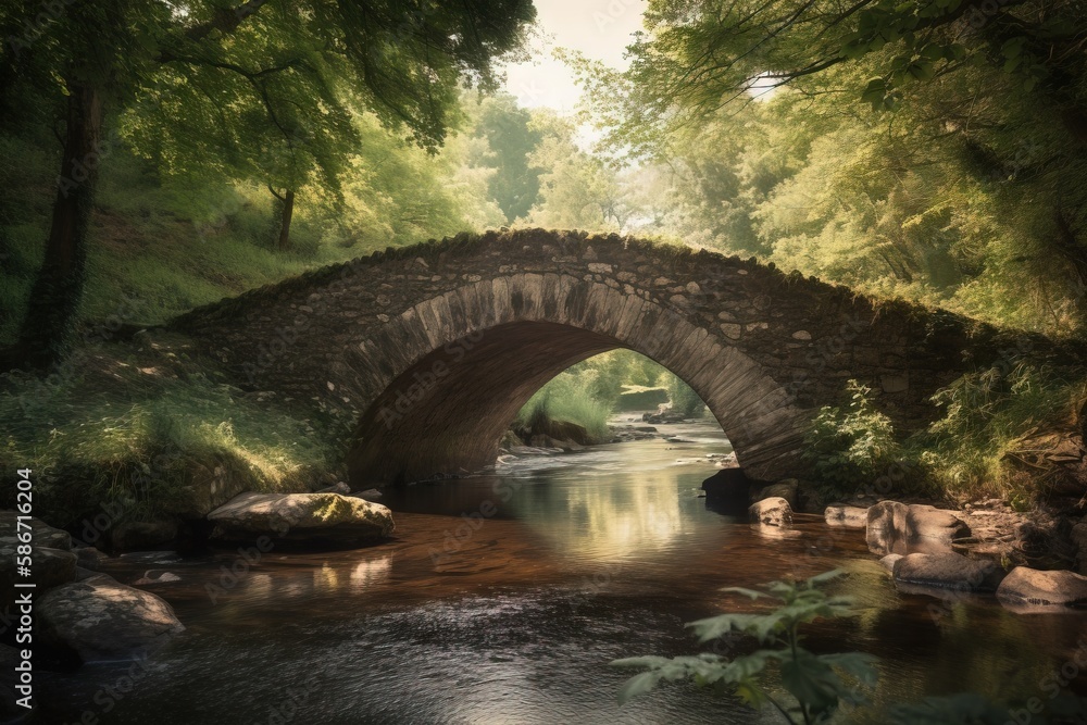 Poster a stone bridge over a stream in a forest with a stream running under it and trees lining the sides o