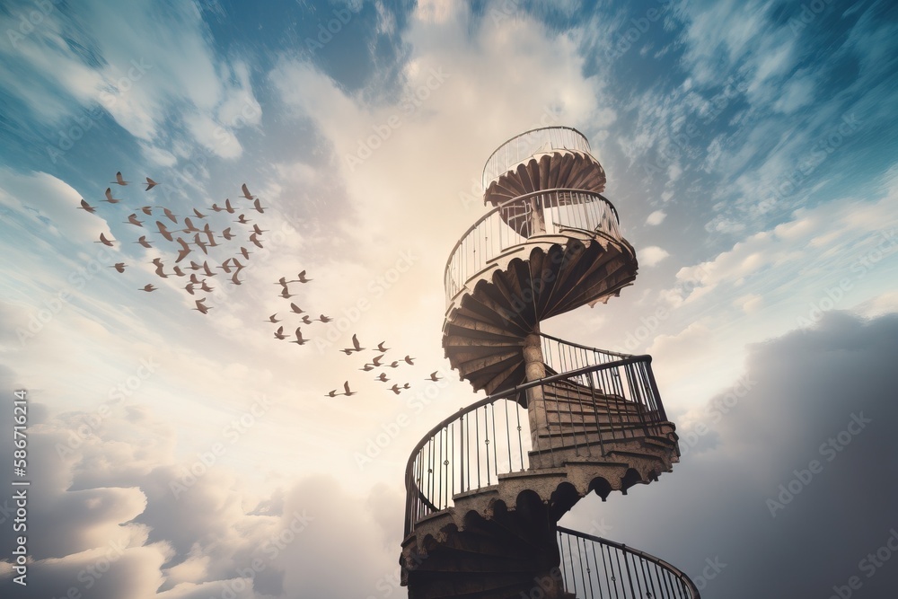 Poster a spiral staircase with birds flying in the sky in the background and clouds in the foreground, with