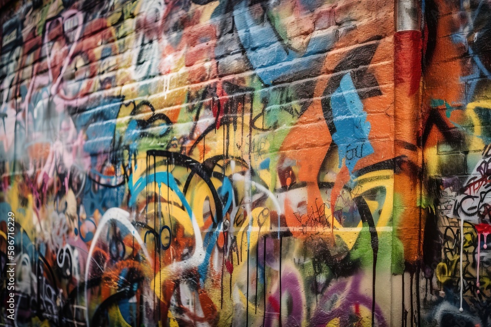 Poster a wall covered in lots of colorful graffiti next to a street sign with a clock on it's side and a cl