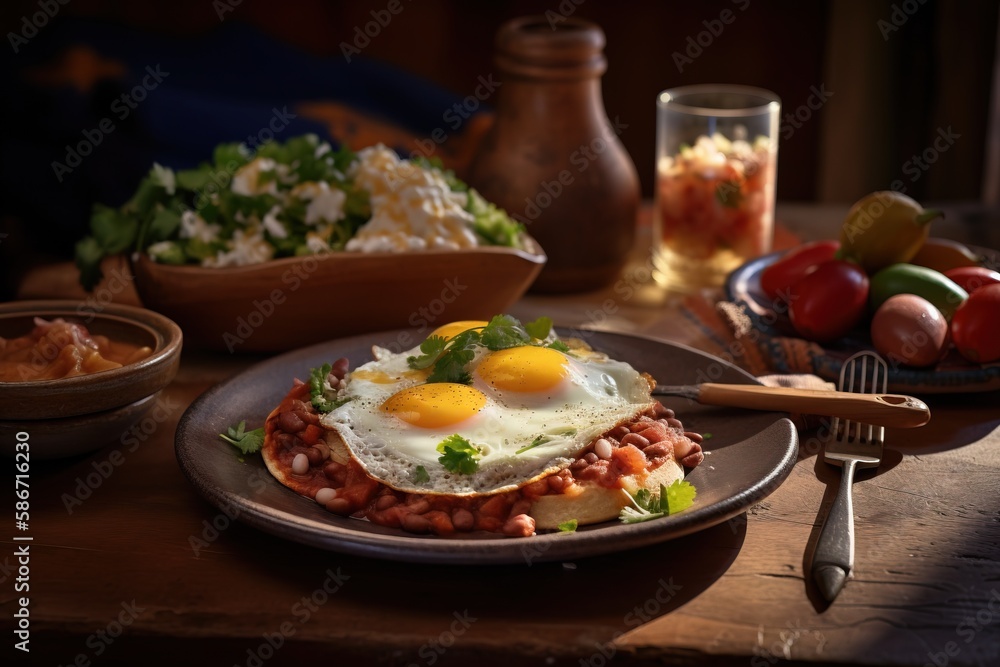 Poster a plate of food on a table with a fork and a glass of water on the table next to it and a bowl of sa