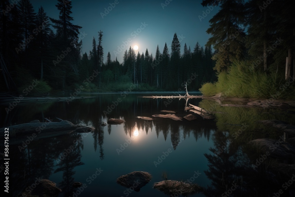 Poster a full moon shines over a lake in a forest with rocks in the foreground and trees on the other side 