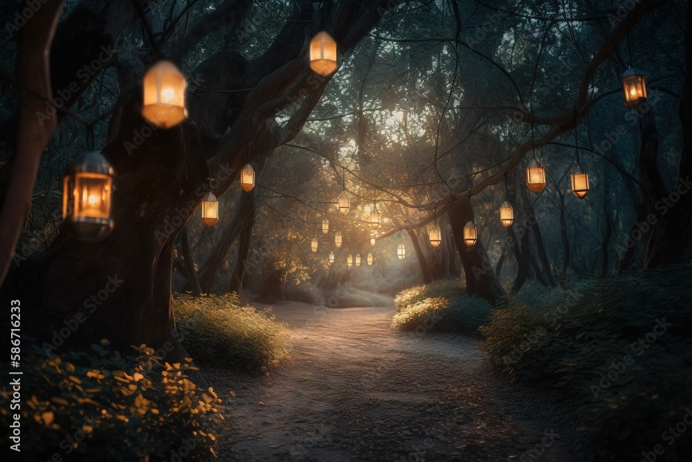 Poster a path in a forest with lanterns hanging from the trees and a path leading to the entrance to the fo