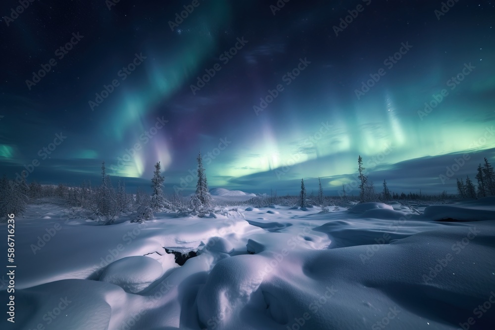 Poster a snow covered field with a lot of trees under a green and purple aurora bore above it and a lot of 