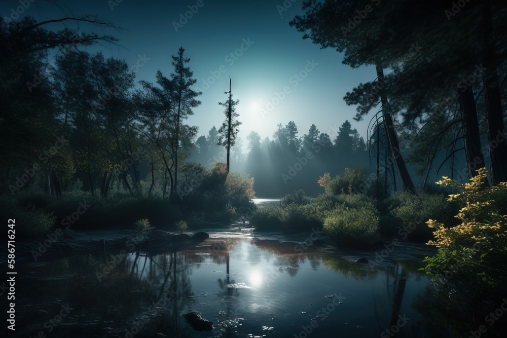 Poster a river running through a forest under a full moon filled sky with a light shining on the trees and 