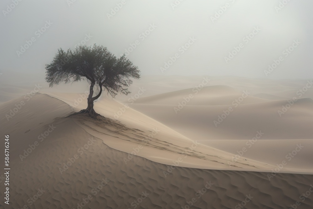 Poster a lone tree in the middle of a desert with a foggy sky in the background and sand dunes in the foreg