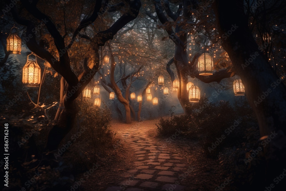 Poster a path through a forest with lanterns hanging from the trees and a brick path leading to a building 