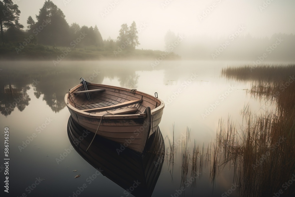 Poster a small boat sitting on top of a lake next to tall grass and a forest in the background on a foggy d