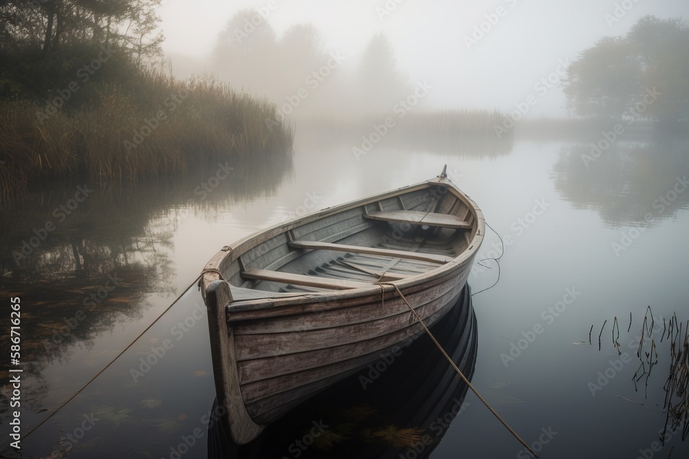 Poster a boat is tied up on a foggy lake with trees in the background and fog in the air above it, and a ro