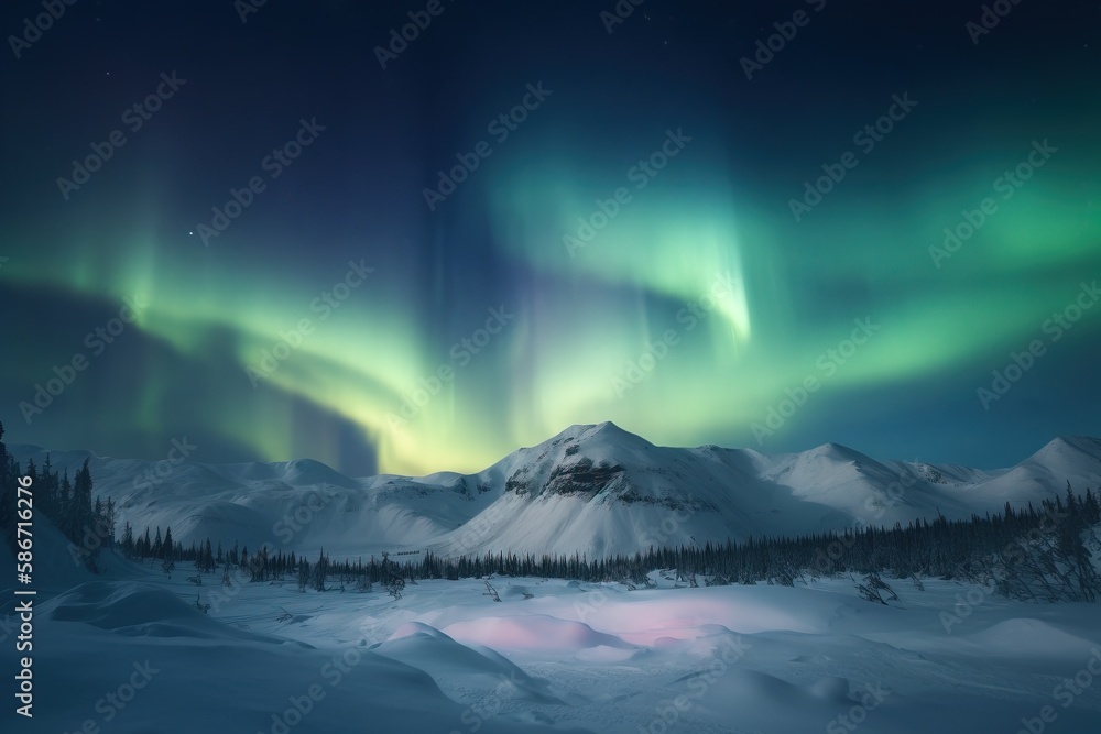 Poster a mountain covered in snow under a green and purple aurora bore above a snowy mountain range with tr