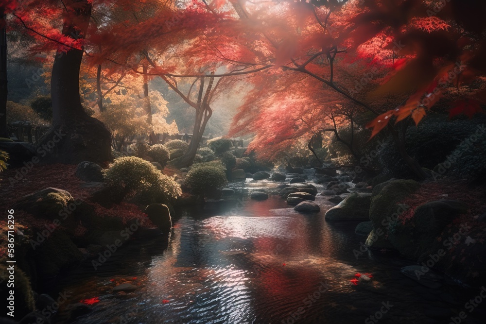 Aufkleber a stream running through a lush green forest filled with red trees and rocks, surrounded by a lush g