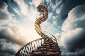 Poster  a spiral staircase going up into a cloudy sky with a bright sun in the background and clouds in the foreground, with a blue sky with white clouds and blue.  generative ai © Oleg