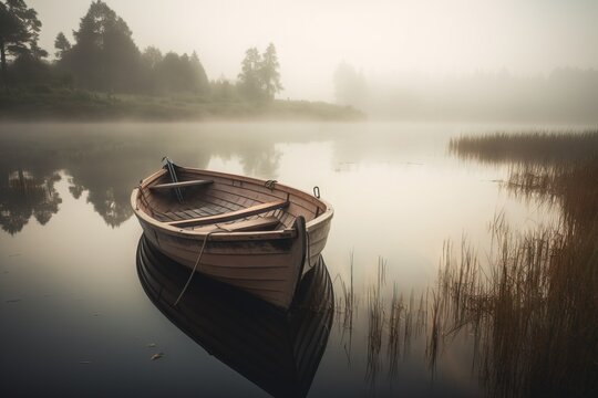  a small boat sitting on top of a lake next to tall grass and a forest in the background on a foggy day in the middle of the day.  generative ai