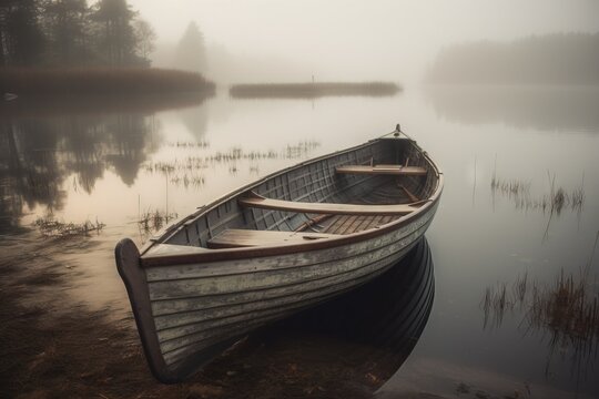  a row boat sitting on top of a lake next to a shore covered in grass and trees on a foggy day in the distance.  generative ai