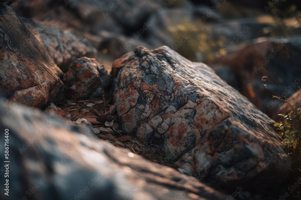 Poster a close up of rocks and plants in a rocky area with grass and rocks in the foreground and sunlight s